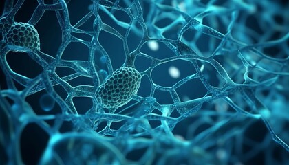 Biotech cell interconnected lines. 3D illustration, biotechnology or biotech. Generative ai