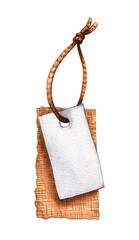 Watercolor craft tag on a rope made of paper and burlap on a white background