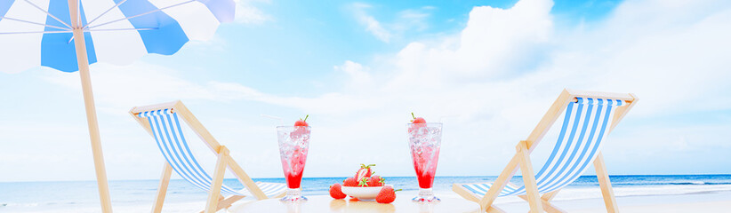 Mocktail Strawberry Soda not mix alcohol. Cool juice drinks with ice cubes. Beach chairs and beach umbrellas on the sandy seaside. 3D Rendering.