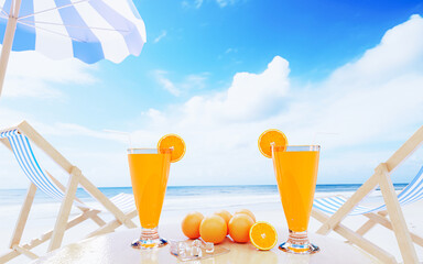 Orange juice in a tall glass Beach chairs and beach umbrellas on the sandy seaside clear blue sky white clouds during the day at the ocean. Relax travel at sea on sandy beach. 3D Rendering