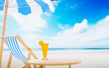 Orange juice in a tall glass Beach chairs and beach umbrellas on the sandy seaside clear blue sky white clouds during the day at the ocean. Relax travel at sea on sandy beach. 3D Rendering