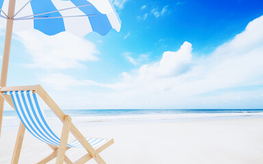Beach chairs and beach umbrellas on the sandy seaside clear blue sky white clouds during the day at the ocean. Relax travel at sea on sandy beach. 3D Rendering