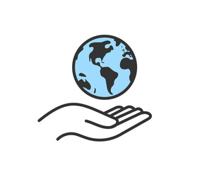 Hand holding planet earth. World environment conservation linear icon. Human protect nature. Save the planet.