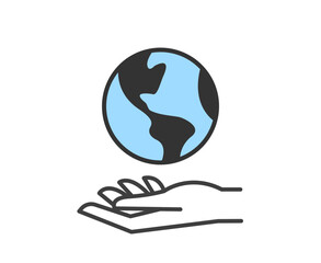 Hand holding planet earth. World environment conservation linear icon. Human protect nature. Save the planet.