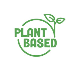 Plant based logo. Circular shape base with plant leaf. Vegan and vegetarian friendly badge.