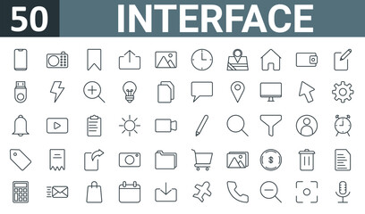 Fototapeta na wymiar set of 50 outline web interface icons such as mobile, radio, save, upload, picture, clock, map vector thin icons for report, presentation, diagram, web design, mobile app.
