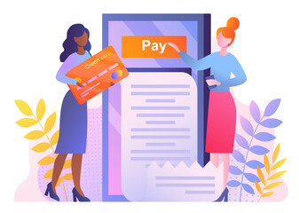 Online Banking concept. Woman with credit card in hands standing near smartphone. Shopping and home delivery, electronic transactions and payments, cashless transfers. Cartoon flat vector illustration