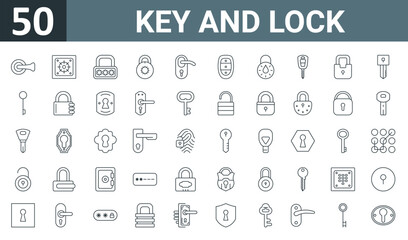 Fototapeta na wymiar set of 50 outline web key and lock icons such as doorknob, safety box, lock, lock, doorknob, smart key, vector thin icons for report, presentation, diagram, web design, mobile app.