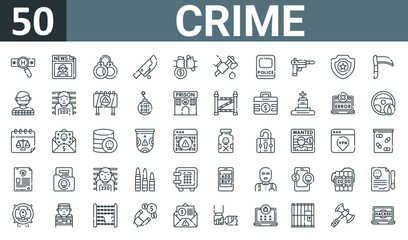 Fototapeta na wymiar set of 50 outline web crime icons such as password, newspaper, handcuffs, knife, bribe, murder, police shield vector thin icons for report, presentation, diagram, web design, mobile app.