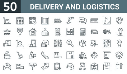 Fototapeta na wymiar set of 50 outline web delivery and logistics icons such as weight scale, calendar, schedule, wooden box, conveyor, cash on delivery, chat vector thin icons for report, presentation, diagram, web