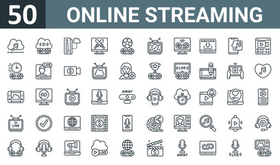 Fototapeta na wymiar set of 50 outline web online streaming icons such as cloud, cloud, console, computer, ball, television, computer vector thin icons for report, presentation, diagram, web design, mobile app.