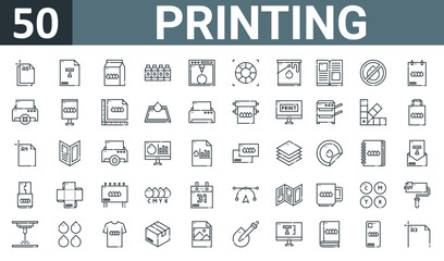 Fototapeta na wymiar set of 50 outline web printing icons such as paper, text, packaging, ink cartridge, d printing, color wheel, paint bucket vector thin icons for report, presentation, diagram, web design, mobile app.