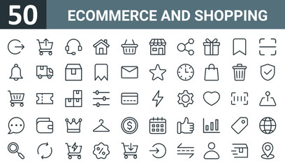 Fototapeta na wymiar set of 50 outline web ecommerce and shopping icons such as , remove from cart, customer service, home, shopping basket, store, share vector thin icons for report, presentation, diagram, web design,
