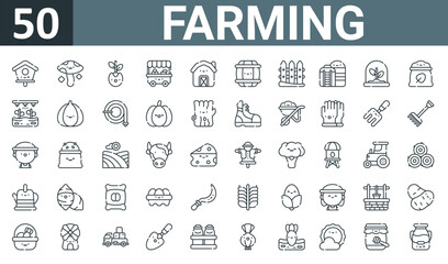 Fototapeta na wymiar set of 50 outline web farming icons such as birdhouse, mushroom, sprout, food stall, barn, barrel, fence vector thin icons for report, presentation, diagram, web design, mobile app.