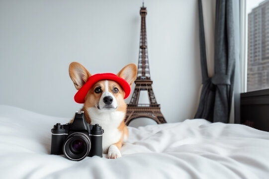 Cute Corgi photographer and tourist. Created using generative AI.