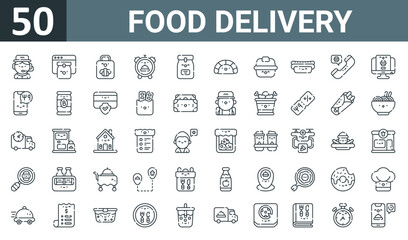 Fototapeta na wymiar set of 50 outline web food delivery icons such as customer service, online order, sushi, alarm clock, food delivery, sushi, food container vector thin icons for report, presentation, diagram, web