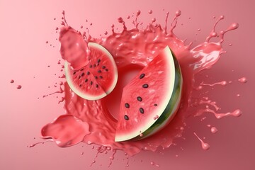 photo ripe watermelon slices on a pink background generative ai - obrazy, fototapety, plakaty