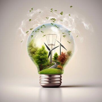 save energy light bulb and wind turbines on island illustration 