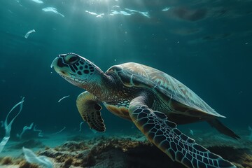 Fototapeta premium turtles swimming in the sea full of plastic generative ai