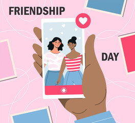 Photos friends concept. Two girlfriends take selfie and post it on social networks, Good relationships, students and teenagers spend time together.