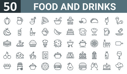Fototapeta na wymiar set of 50 outline web food and drinks icons such as bell pepper, jug, ladle, pizza, soup, kitchen hood, lemon vector thin icons for report, presentation, diagram, web design, mobile app.
