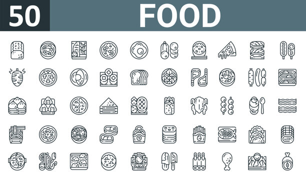 set of 50 outline web food icons such as meatloaf, curry, fish and chips, fried rice, fried egg, salami, rice bowl vector thin icons for report, presentation, diagram, web design, mobile app.