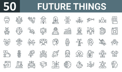 Obraz na płótnie Canvas set of 50 outline web future things icons such as virtual reality, robotic brain, mechanical arm, space capsule, smart farm, visualizaton, smart drone vector thin icons for report, presentation,