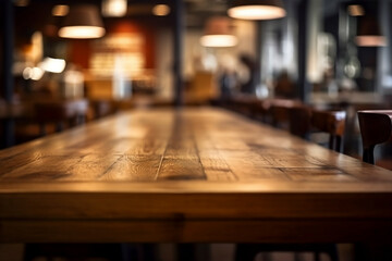 Blurred background of a cafe or restaurant features an empty wooden table - ai