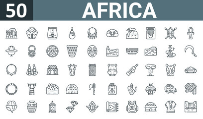 Fototapeta na wymiar set of 50 outline web africa icons such as house, poncho, coffee, canteen, necklace, turban, savannah vector thin icons for report, presentation, diagram, web design, mobile app.