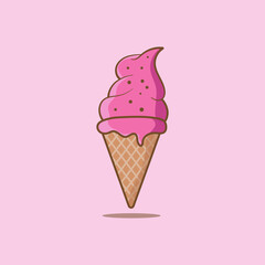 melted ice cream icon, waffle cone. on a pink background. flat line icon, illustration style.