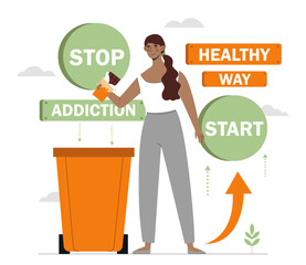Rejection junk food concept. Woman with chocolate bar in hand stands near trashcan. Health care and diet and proper nutrition, avoiding sugar. Cartoon flat vector illustration