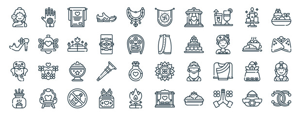 Obraz na płótnie Canvas set of 40 outline web hindu wedding icons such as mehndi, high heels, ganesha, incense, food, fruits, icons for report, presentation, diagram, web design, mobile app