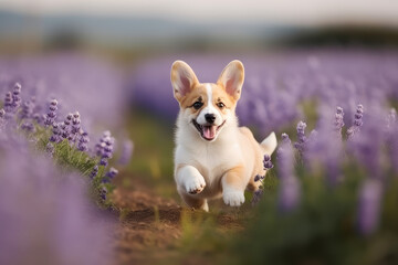 Fluffy corgi Pembroke puppy running in lavender field. 
Created using generative AI tools.
