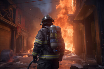 Naklejka premium A firefighter in full uniform bravely battles a burning house, using his hose to fight the flames and smoke. This AI Generative photo depicts heroism and danger.