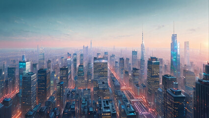 Fototapeta na wymiar Digital illustration of a city with skyscrapers, generative AI