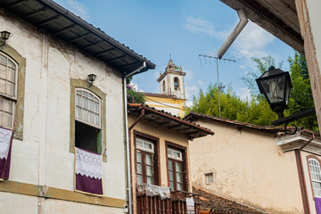 Ouro Preto, Minas Gerais, Brazil – April, 7, 2023. Typical baroque architecture of the historic city of Ouro Preto. Pilar Church and Rosario Church area.