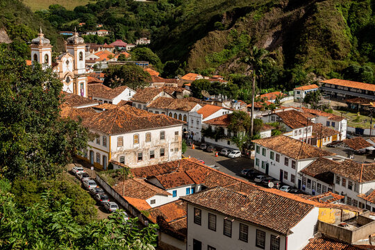 Ouro Preto, Minas Gerais, Brazil – April, 7, 2023. Typical baroque architecture of the historic city of Ouro Preto. Pilar Church and Rosario Church area.