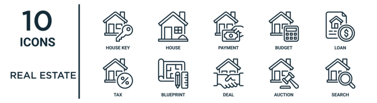 real estate outline icon set includes thin line house key, payment, loan, blueprint, auction, search, tax icons for report, presentation, diagram, web design