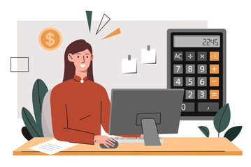Accountant at workplace. Woman sits at computer with calculator. Girl evaluates income and expenses. Financial literacy and passive income. Office worker with finance. Cartoon flat vector illustration