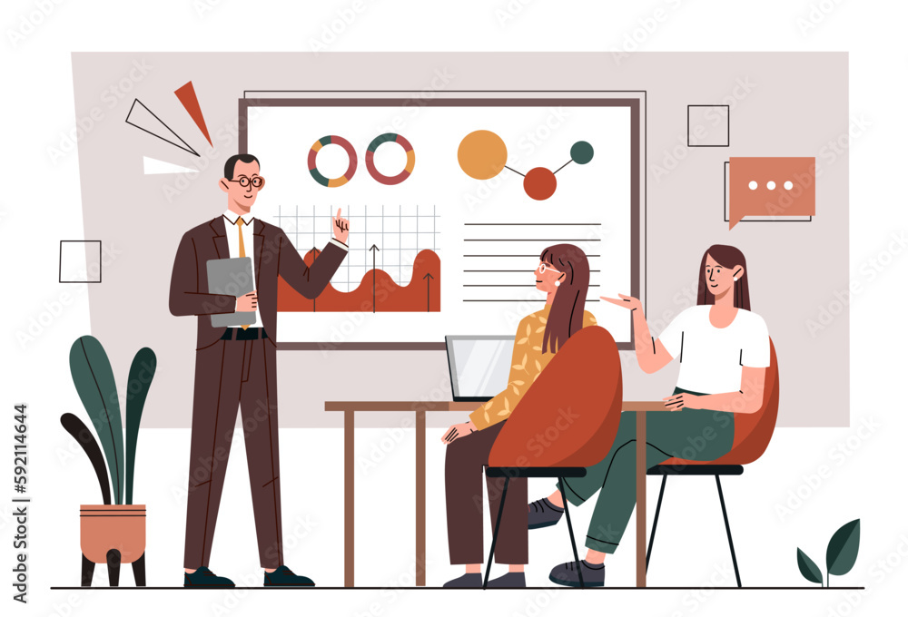 Poster business training concept. man makes presentation in front of women. graphs and diagrams. working wi