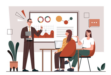 Business training concept. Man makes presentation in front of women. Graphs and diagrams. Working with statistics and infographics. Lecture and master class. Cartoon flat vector illustration