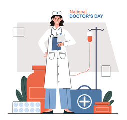Doctors day concept. Woman in medical uniform with stethoscope. International holiday and festival. Young girl with medicines and pills. Medical education. Cartoon flat vector illustration