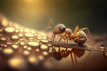 macro photo of ant with water drops