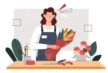 Florist with bouquet. Woman with flowers in workplace. Young girl with colorful plants. Floristry and botany.