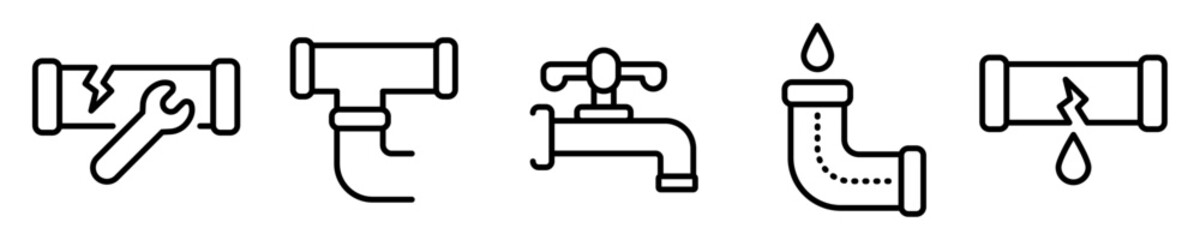 Conjunto de iconos de plomería. Tubería de transporte de corriente eléctrica, agua. Concepto de construcción. Ilustración vectorial