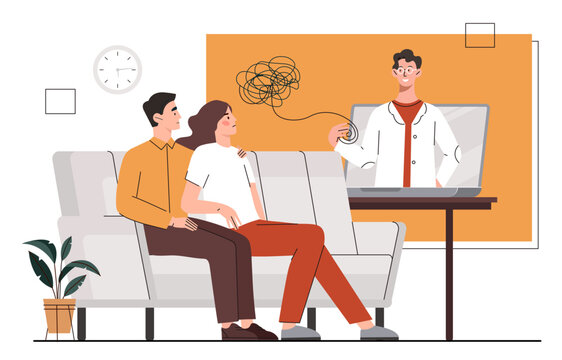 Psychologist and patients. Man in medical gown answers questions from man and woman. Family talking with specialist. Mental health and psychology. Cartoon flat vector illustration