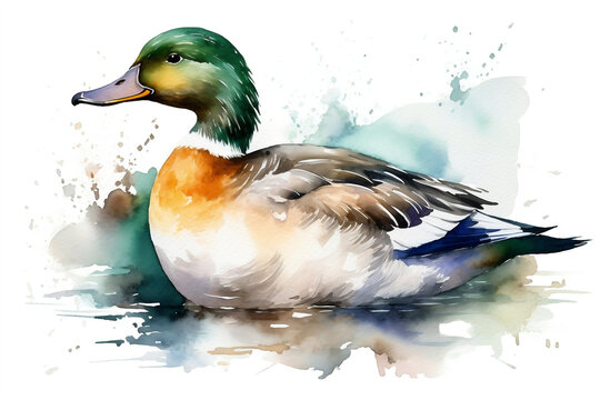 Duck, Domestic Farm Bird, Watercolor Illustration Isolated On White Background, Made Using Generative Ai