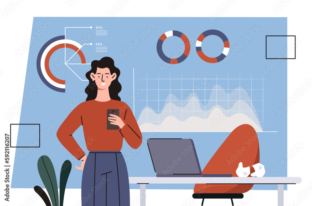 Poster concepts of metrics. woman on background of graphs and charts. analyst evaluates information. infogr