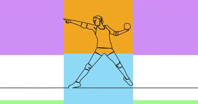 Animation of drawing of female handball player throwing ball and shapes on white background