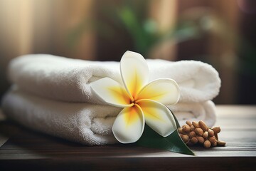 towel with frangipani flower on wooden table